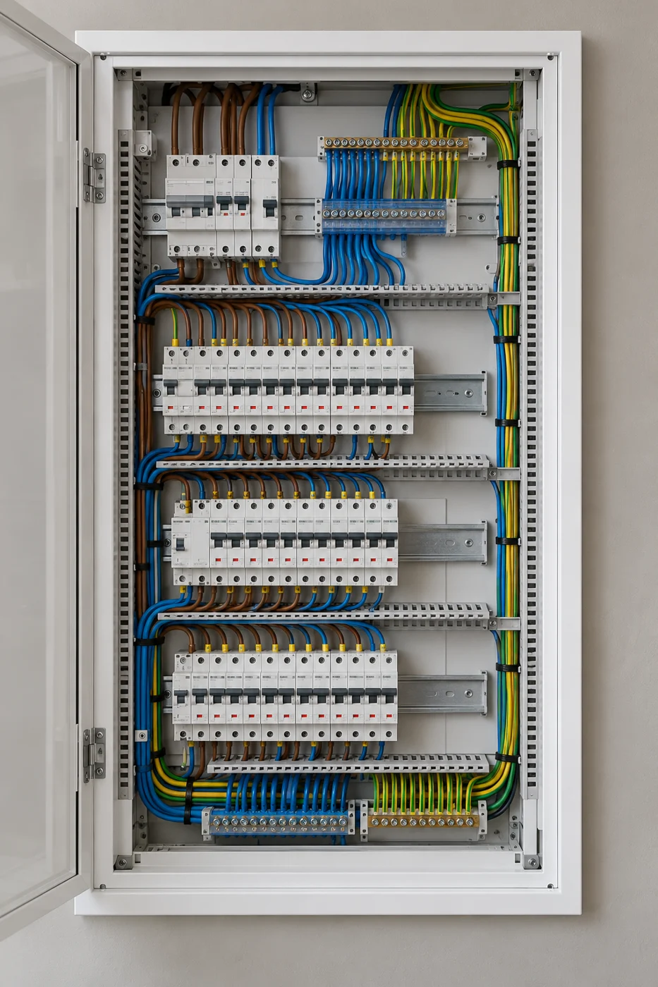 Poglądowa ilustracja nowoczesnej rozdzielnicy elektrycznej z uporządkowaną aparaturą i przewodami